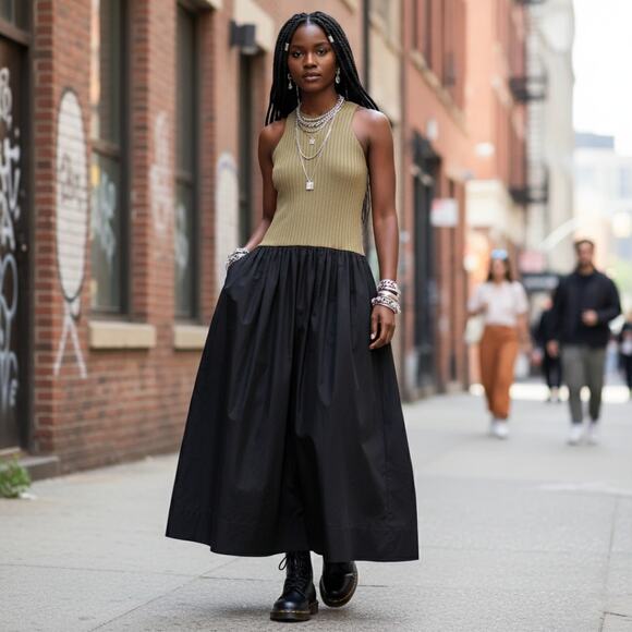 NEW Banana Republic Ribbed Racerback Tank Drop Waist Maxi Dress Olive Black Sz M - Picture 2 of 14